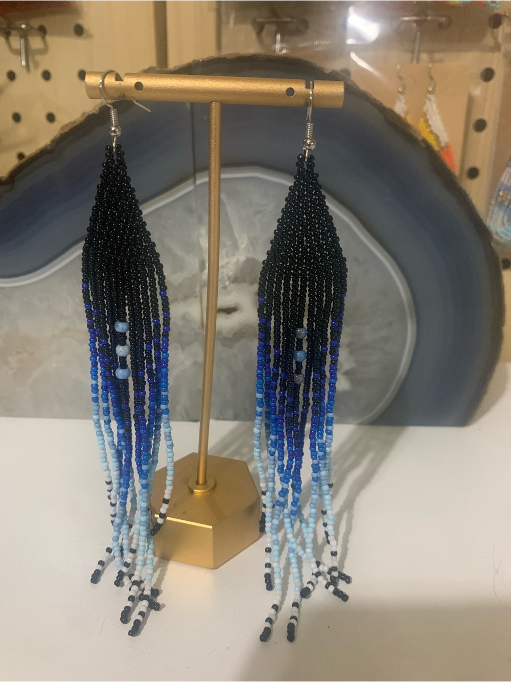 Blue Ombre Seed Bead Fringe Earrings